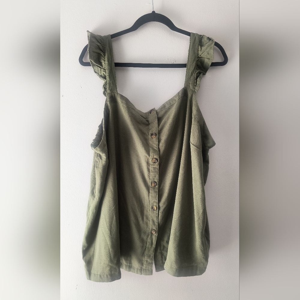 Torrid Olive Green Summer Ruffle Strap Sleeveless Button Down Top Plus Sz 1